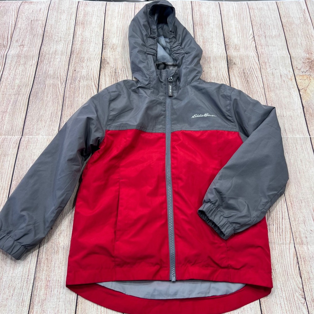 Eddie Bauer Kids Red Grey Fleece Lined 2 in 1 Hooded Jacket XS 5/6 Ripstop